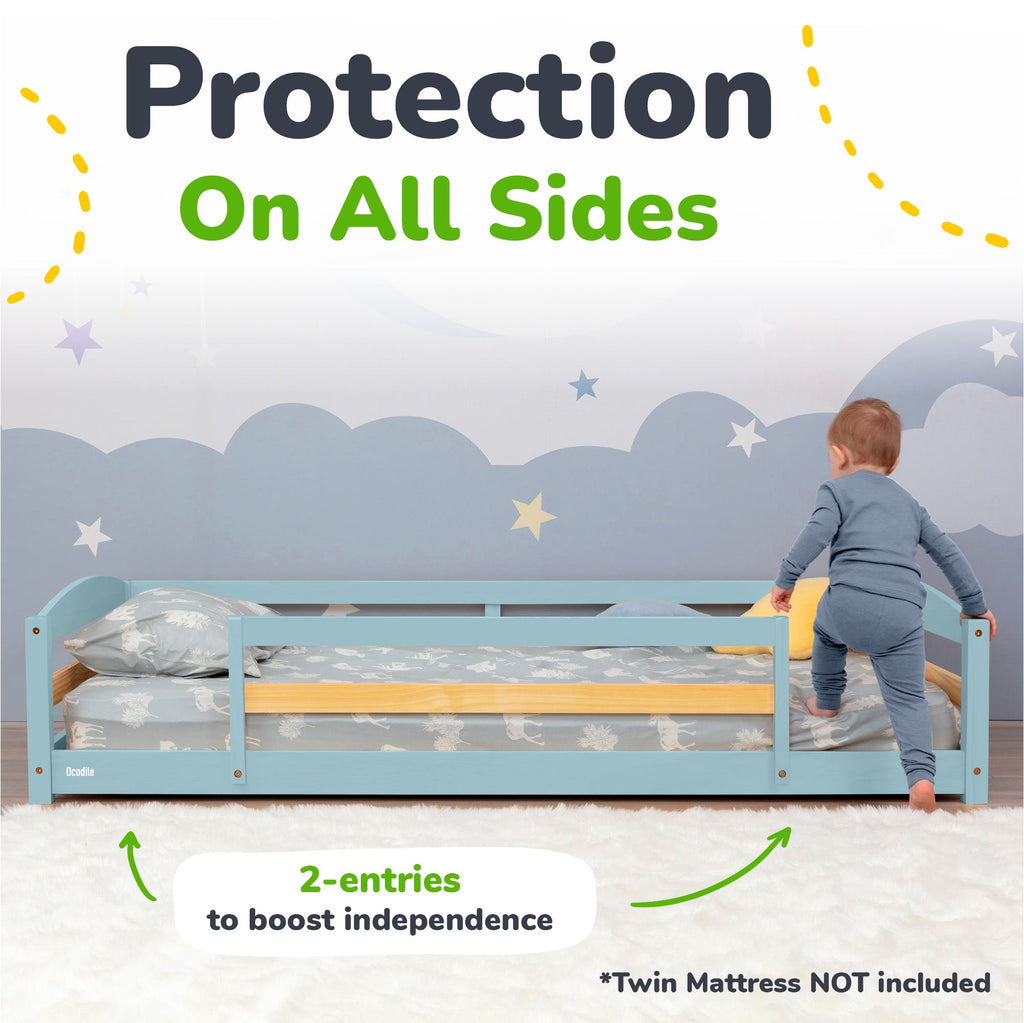 Twin Size Montessori-Inspired Floor Bed with Safety Guardrails for Kids