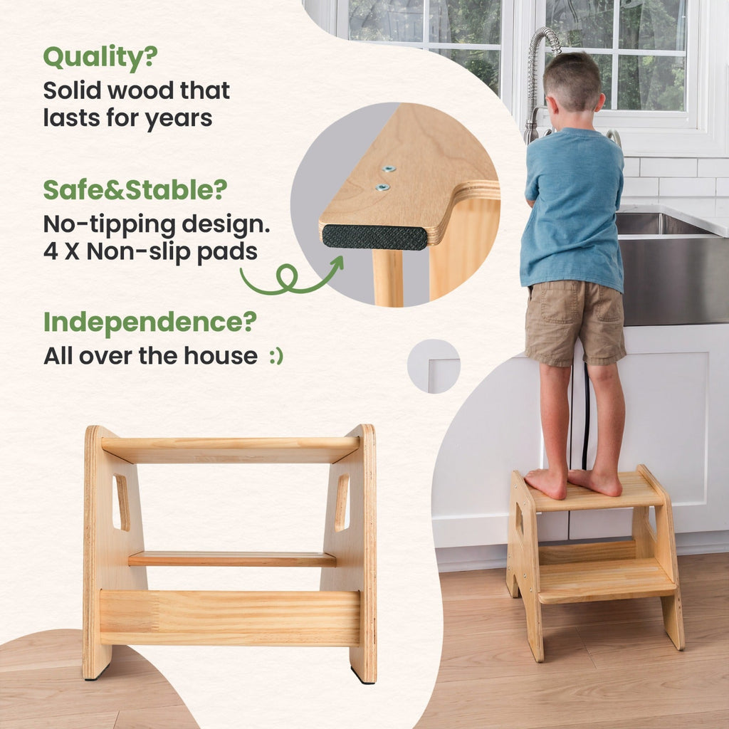 2-Step Wooden Stool for Toddlers(Step Stool for Children Ages 2+)